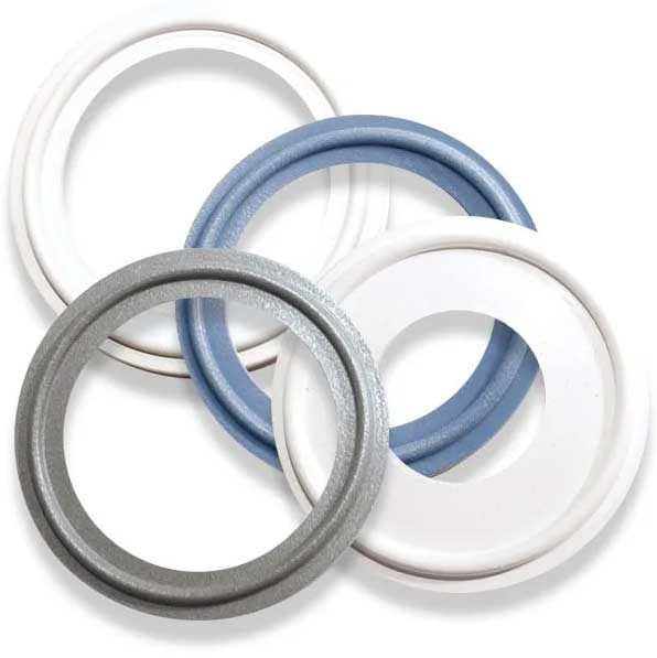 Sanitary gaskets and seals in white, blue and grey