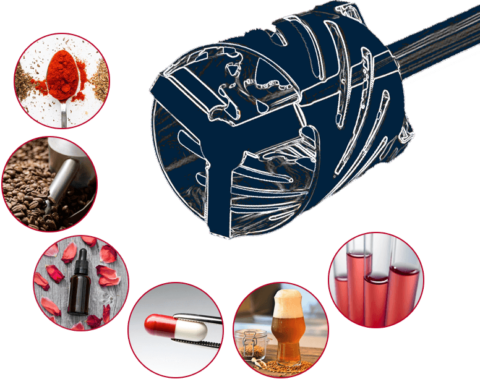 Mixer rotor illustration surrounded by products: spices, coffee, capsules and beer